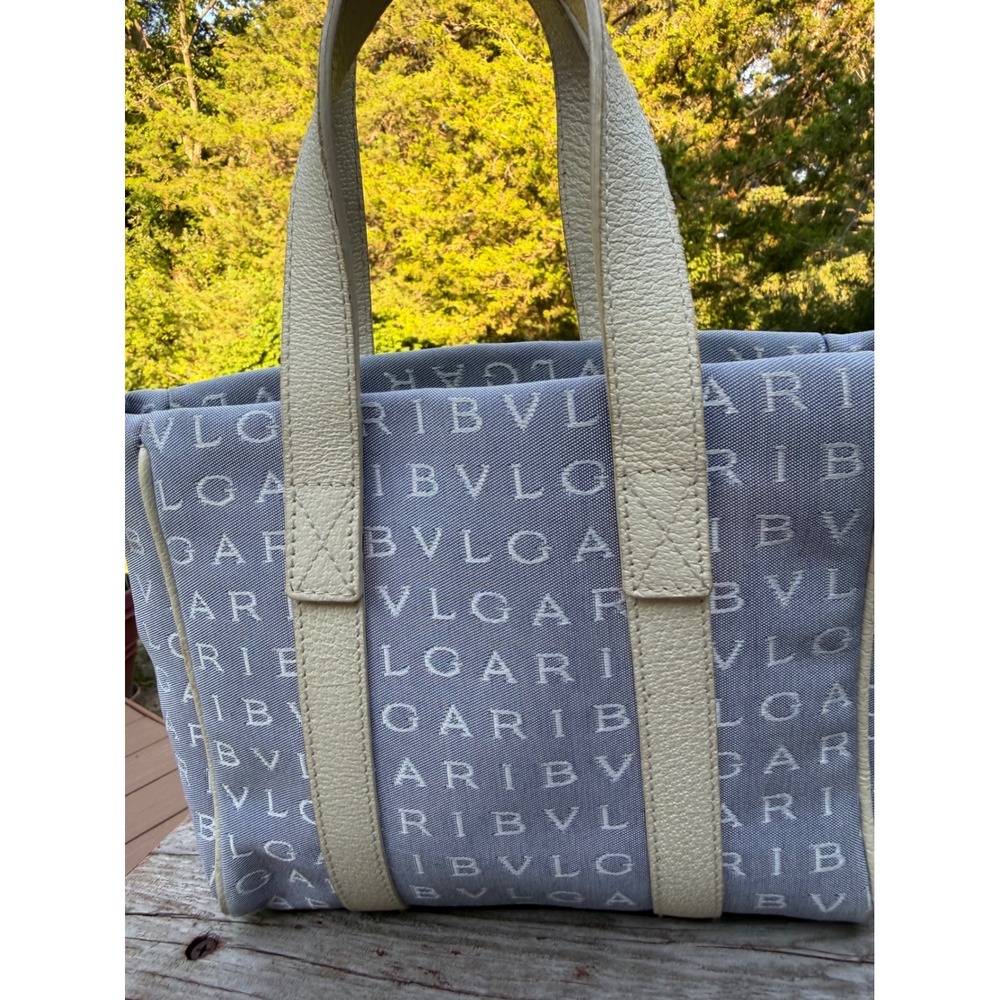 Vintage 2000s Blue Bvlgari Logo Leather Tote Bag Designer Y2K Medium